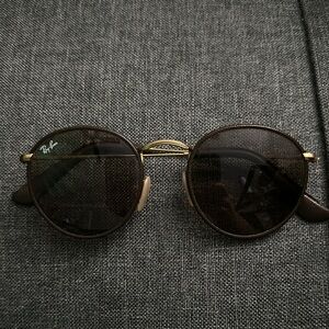 Ray-Ban Brown leather and Gold Round Sunglasses